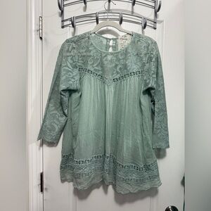 Free People‎ FP One Peasant Top S Open Back Green gauze cotton Lace Boho Fairy